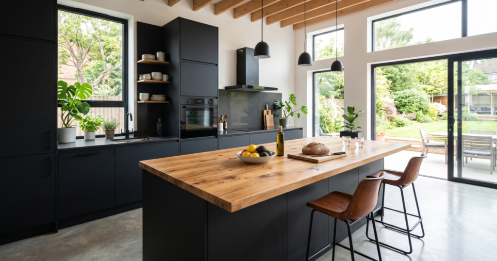 Grande cuisine lumineuse avec façades noires et îlot en bois