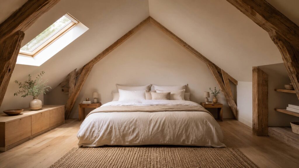 Chambre mansardée scandinave lumineuse lit au centre