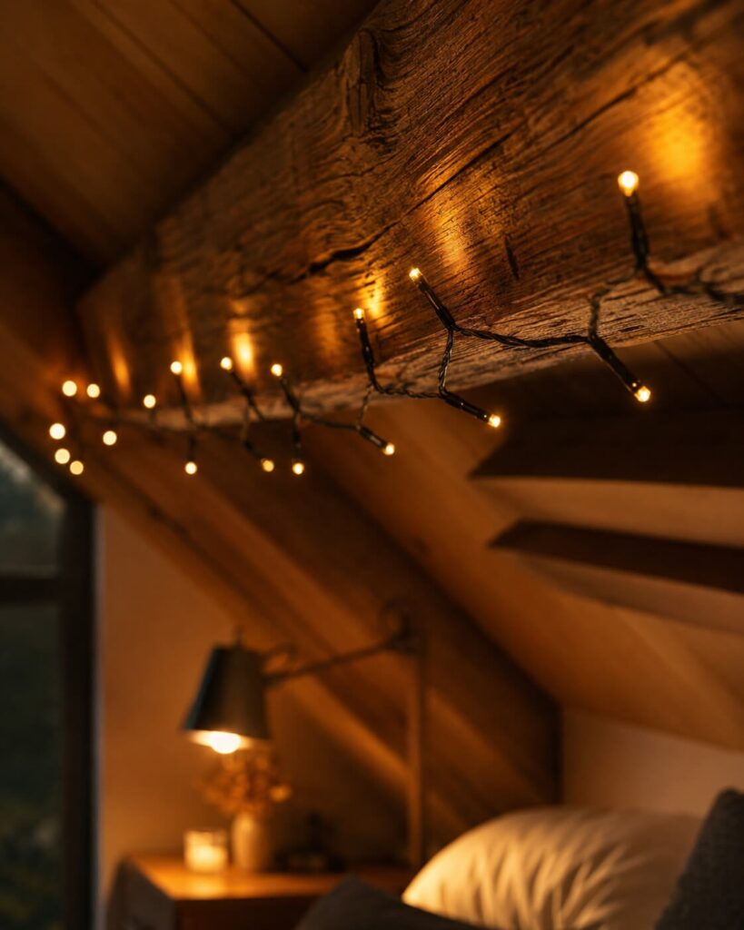 Chambre mansardé avec guirlande autour d'une poutre