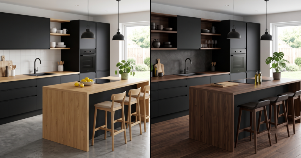Comparaison visuelle entre cuisine noire et bois clair ou foncé.