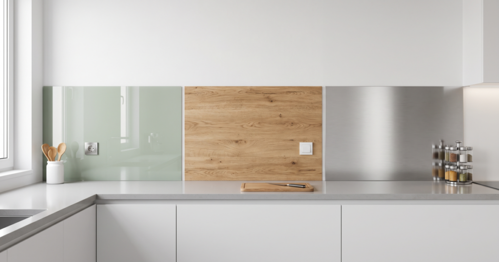 Trois crédences de cuisine : verre, bois stratifié et inox.
