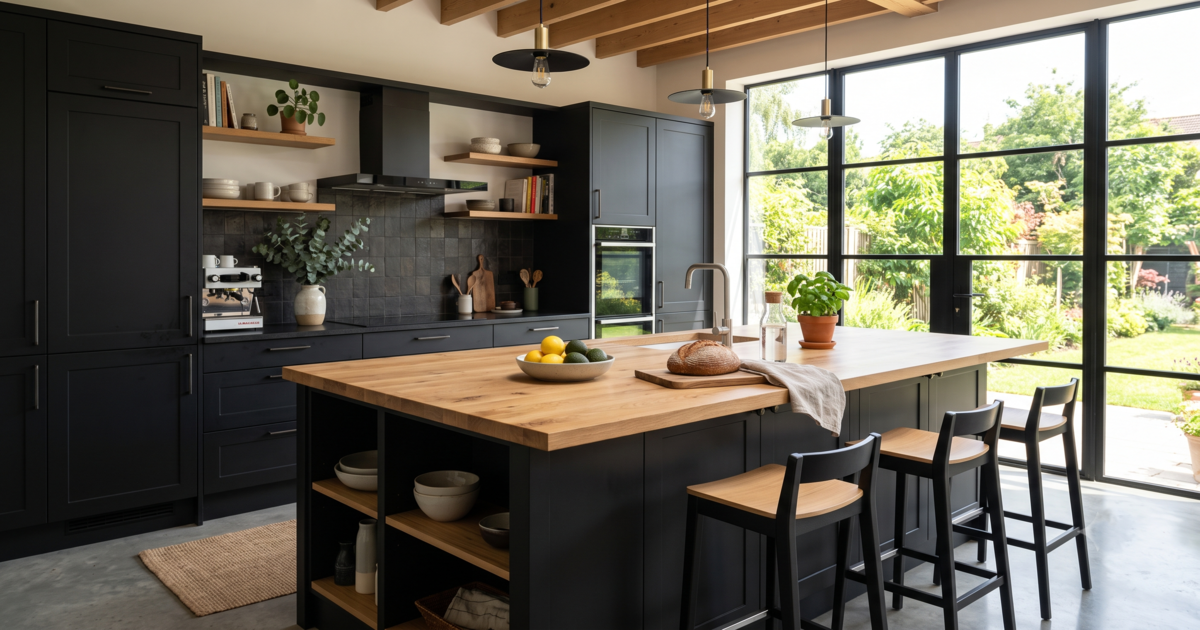 Cuisine moderne chic, îlot bois, armoires noires, grand évier