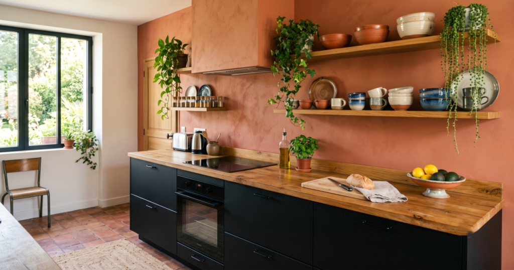 Cuisine noire et plan en bois devant un mur terracotta.