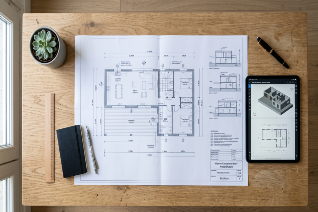 Plan d'architecte sur un bureau pour préparer un permis de construire