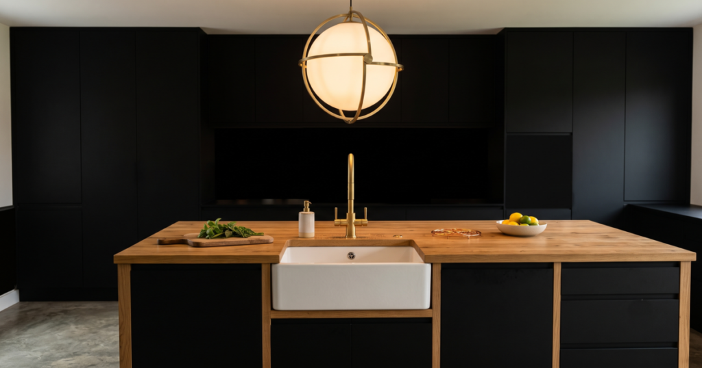 Îlot en bois avec mitigeur laiton et suspension lumineuse chaude.