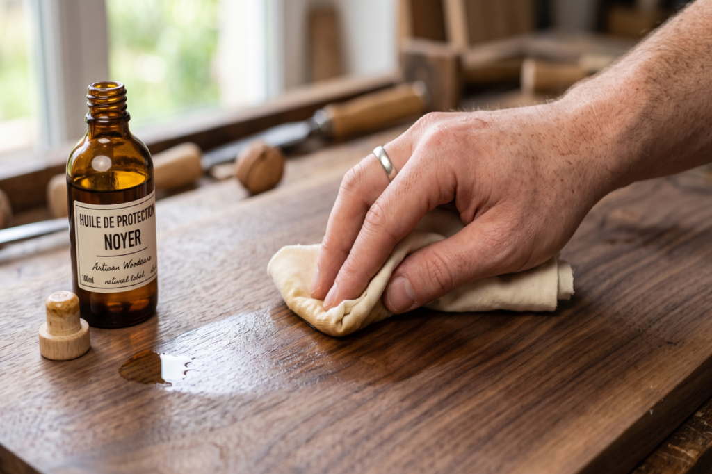 Main appliquant de l'huile de protection sur une surface en bois massif