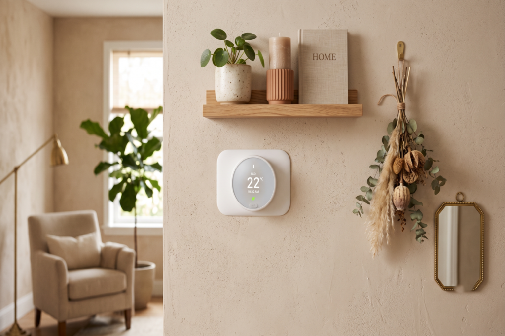 Thermostat intelligent mural connecté dans un salon