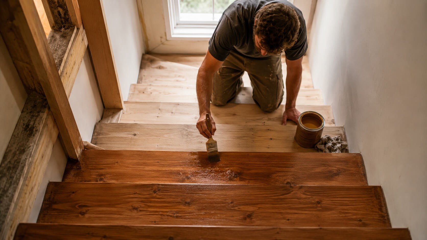 Escalier bois massif application huile de lin