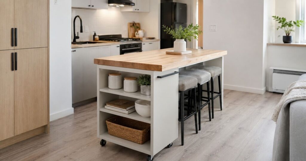 Îlot central mobile compact avec tabourets rangés dessous dans une petite cuisine