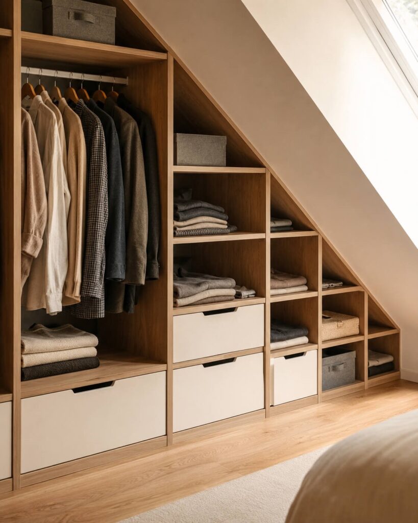 Rangement d'un dressing sous les mansardes d'une chambre