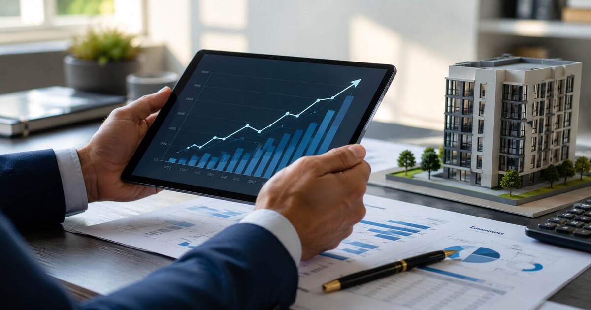 Analyse du rendement d'un investissement en SCPI sur tablette avec maquette d'immeuble