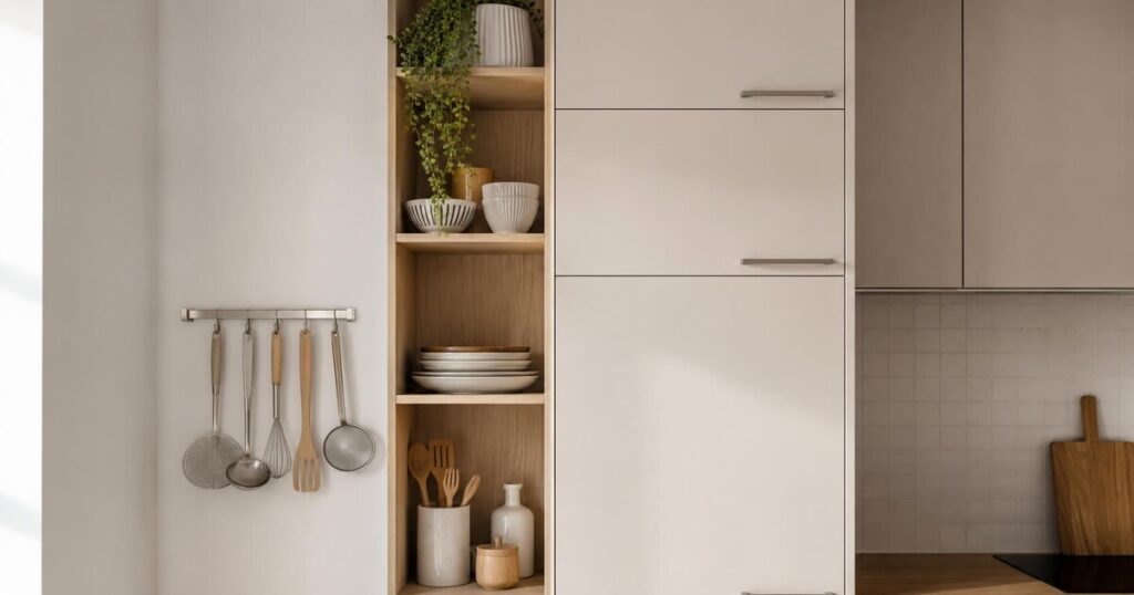 Rangement vertical mural avec meubles hauts jusqu'au plafond dans une petite cuisine