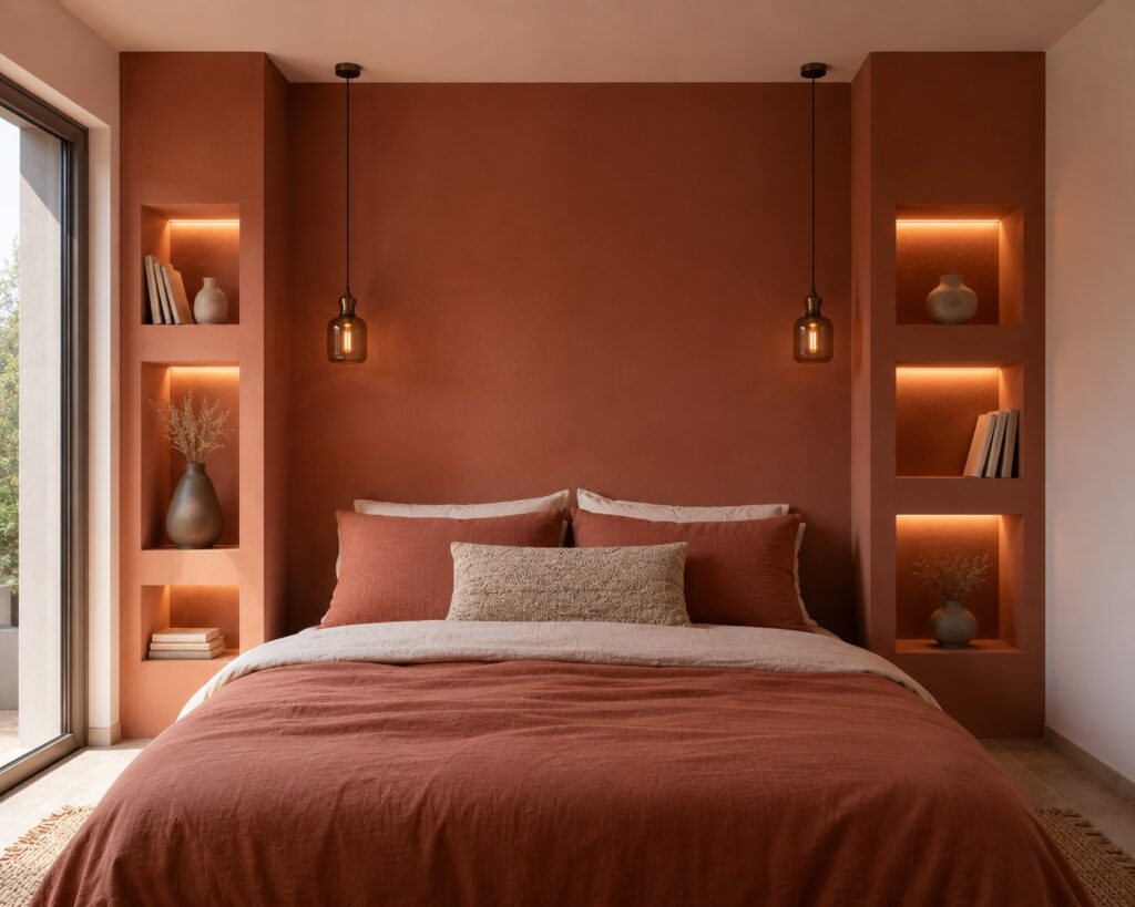 tête de lit en placoplâtre peinte en terracotta avec niches encastrées et éclairage LED