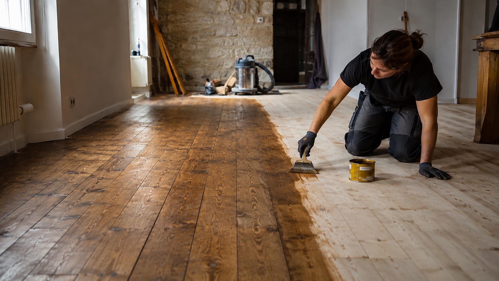 Application huile de lin parquet ancien brut 
