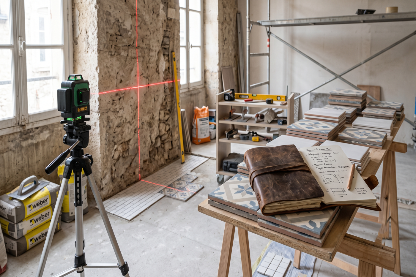 Pilotage et contrôle technique d'un chantier de rénovation lourde, avec matériel de précision et cahier des charges posé sur table pour vérifier l'exécution des travaux.
