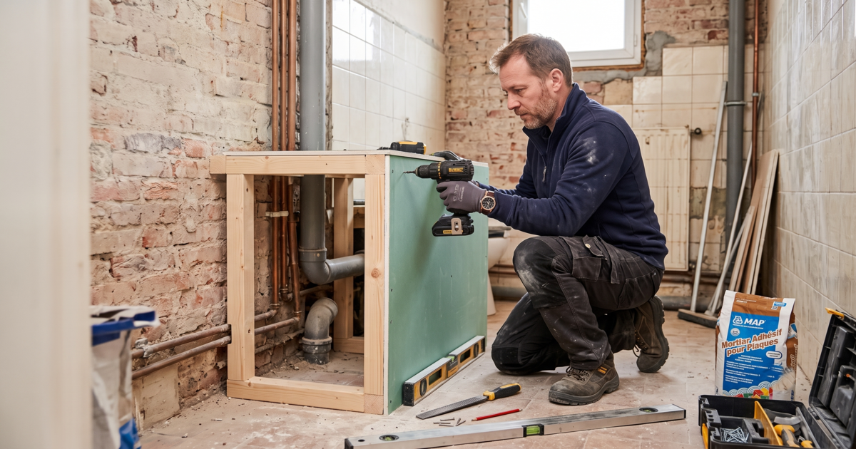 Artisan installant un coffrage placo sans rail sur tuyaux exposés