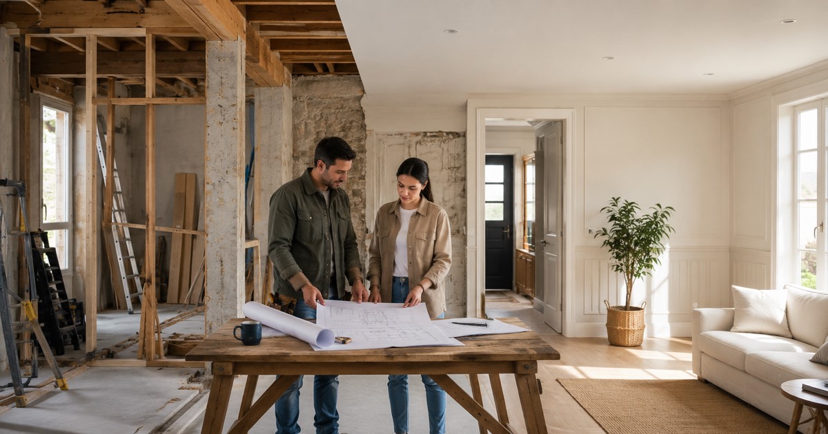 Couple consultant des plans dans une maison en rénovation