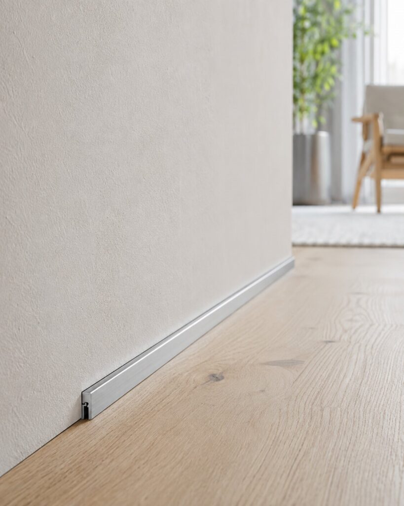 Plinthe invisible aluminium affleurante entre mur clair et parquet