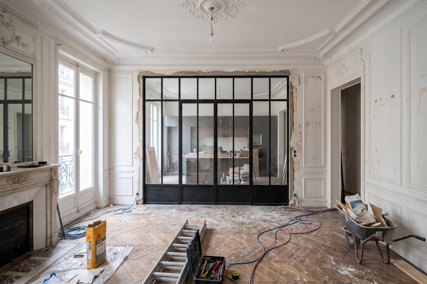 Chantier de rénovation d'un appartement ancien avec moulures, parquet en cours de restauration et installation d'une grande verrière intérieure noire.