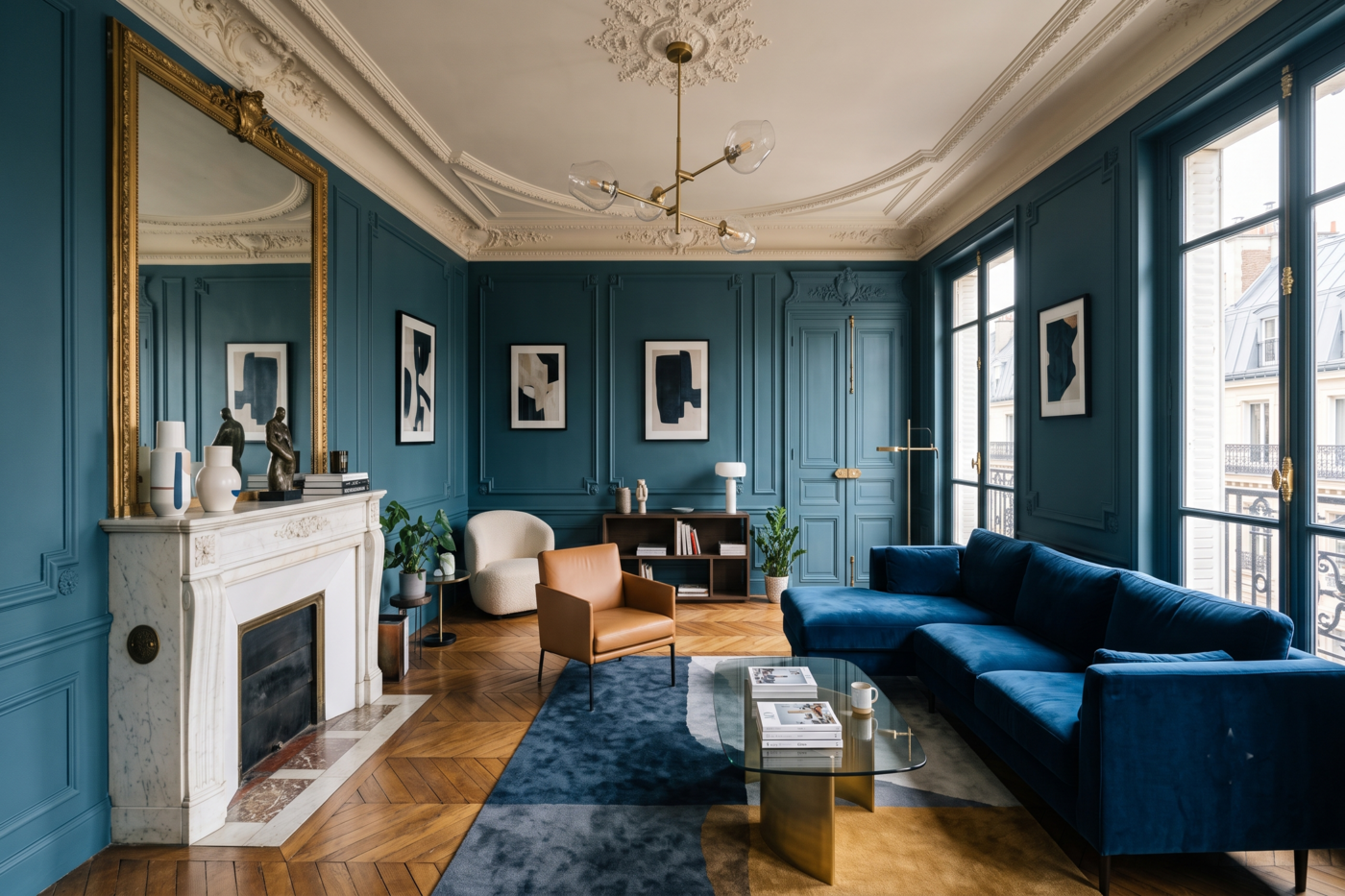 Vaste salon de style haussmannien rénové avec parquet point de Hongrie, cheminée d'époque et décoration contemporaine bleue.