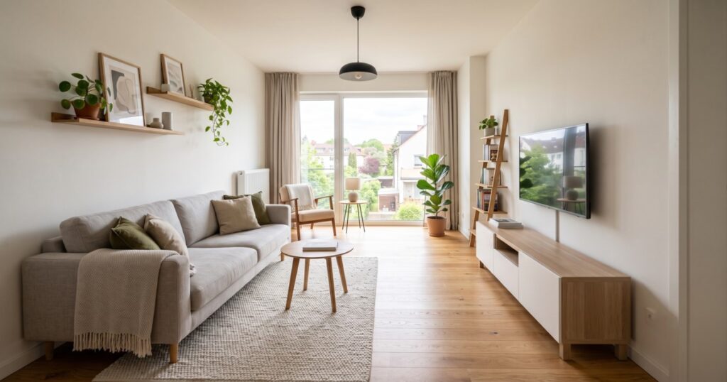 Petit salon rectangulaire bien aménagé avec une circulation fluide