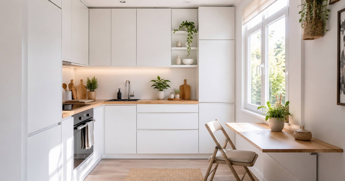 Petite cuisine aménagée en L avec façades blanches, rangement jusqu'au plafond et table pliable murale