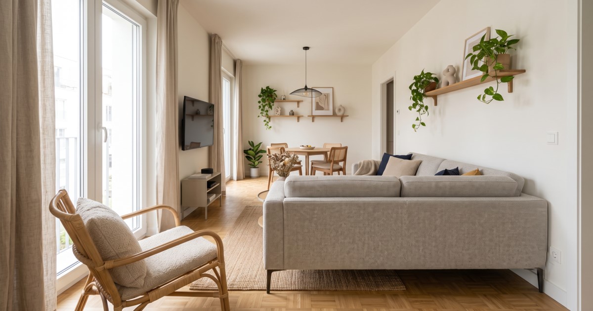 Petit salon rectangulaire moderne et lumineux avec un canapé droit.