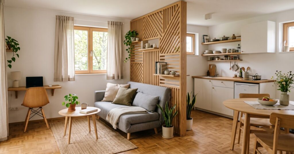 Studio moderne séparé par un beau claustra en bois clair.