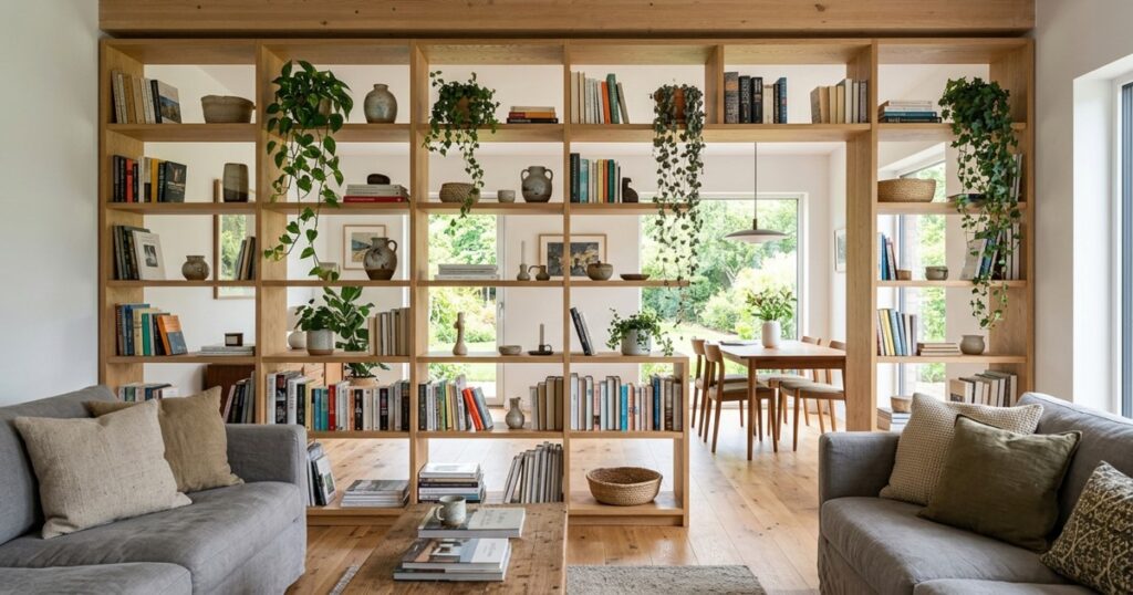 Bibliothèque sans fond décorée séparant un salon d'un bureau.