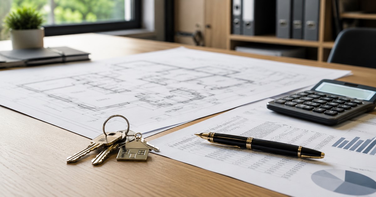 Calculatrice, clés et documents pour un investissement immobilier rentable.