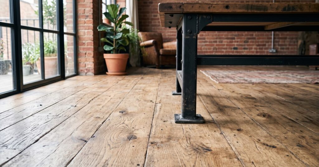 Sol en parquet brut et pied de meuble métallique noir.