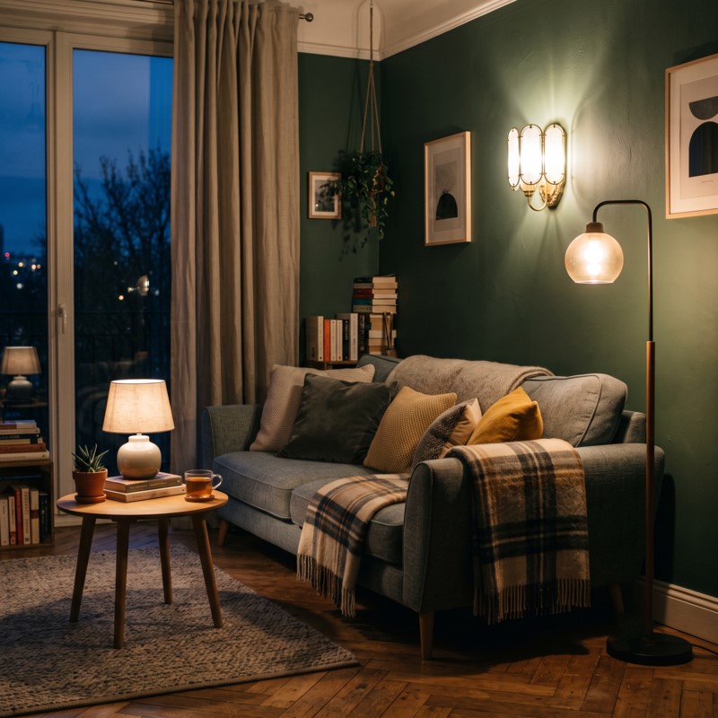 Multiples sources de lumière chaude dans un petit salon