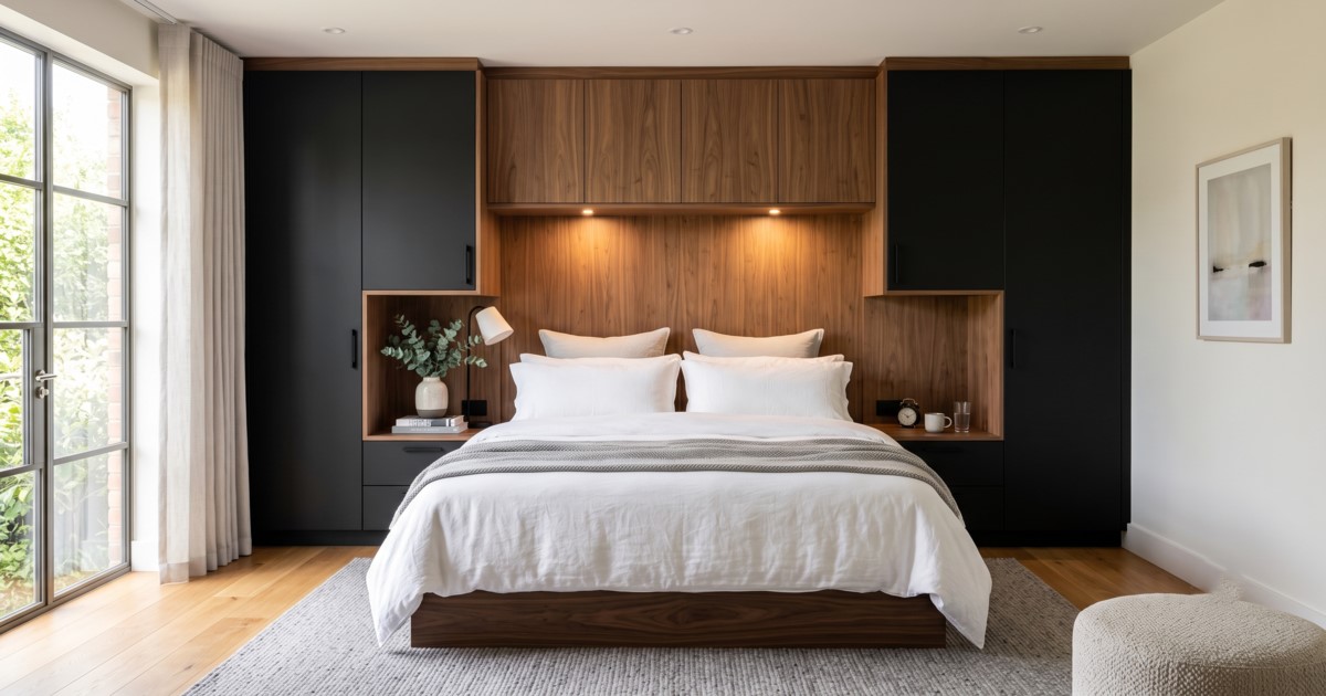 Chambre moderne avec un meuble pont sur-mesure en bois et noir servant de tête de lit et de dressing