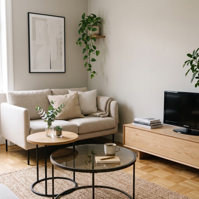 Canapé sur pieds fins et tables gigognes très pratiques
