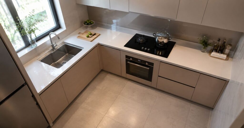 Photographie réaliste, vue en plongée sur une petite cuisine en configuration L, avec plan de travail blanc, façades claires et un mur de crédence réfléchissante. Lumière naturelle douce venant d'une fenêtre latérale. Rendu photo réaliste haute définition, cadrage horizontal, aucune incrustation de texte.