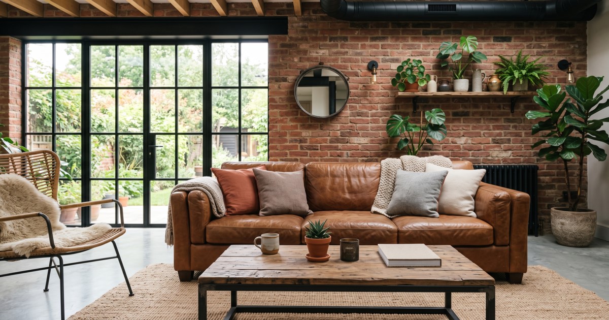 Magnifique salon de style industriel avec canapé cuir et verrière.
