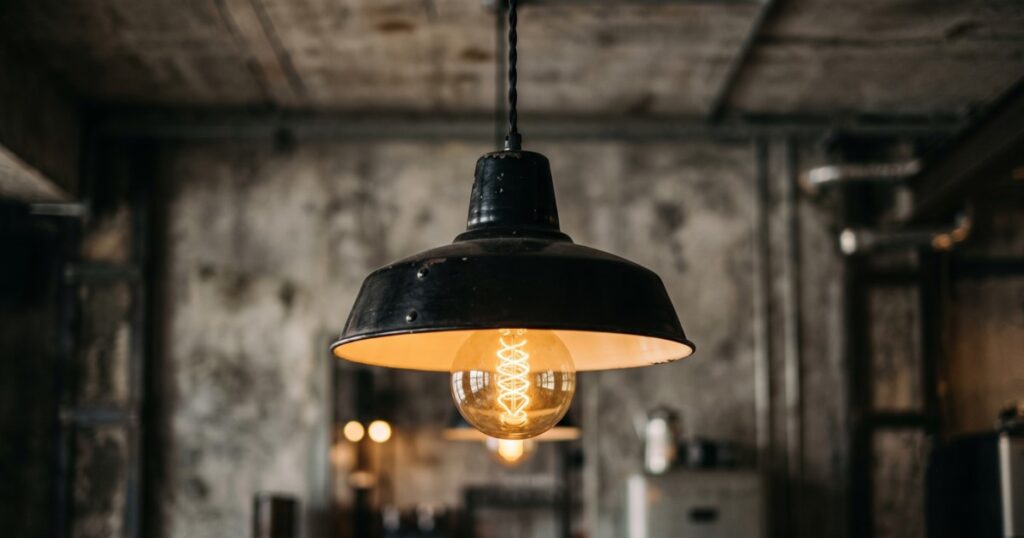 Suspension métallique d'usine noire avec ampoule à filament chaud.