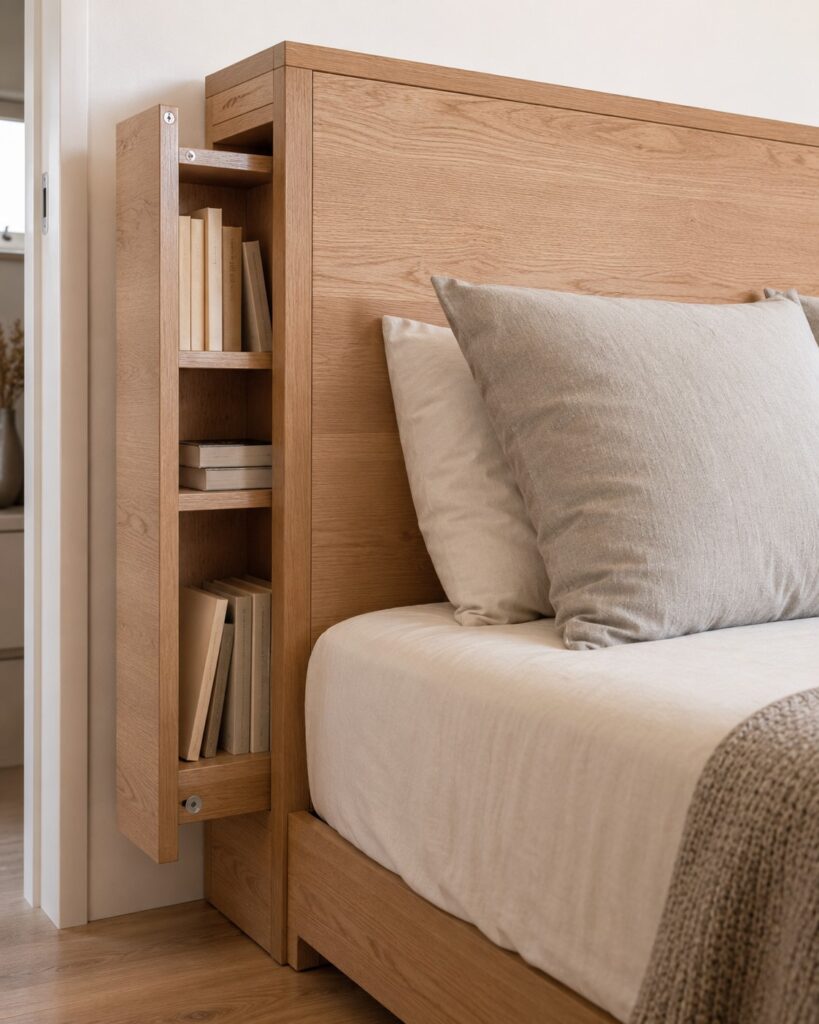 Tête de lit gain de place en bois clair avec un tiroir de rangement latéral coulissant pour les livres