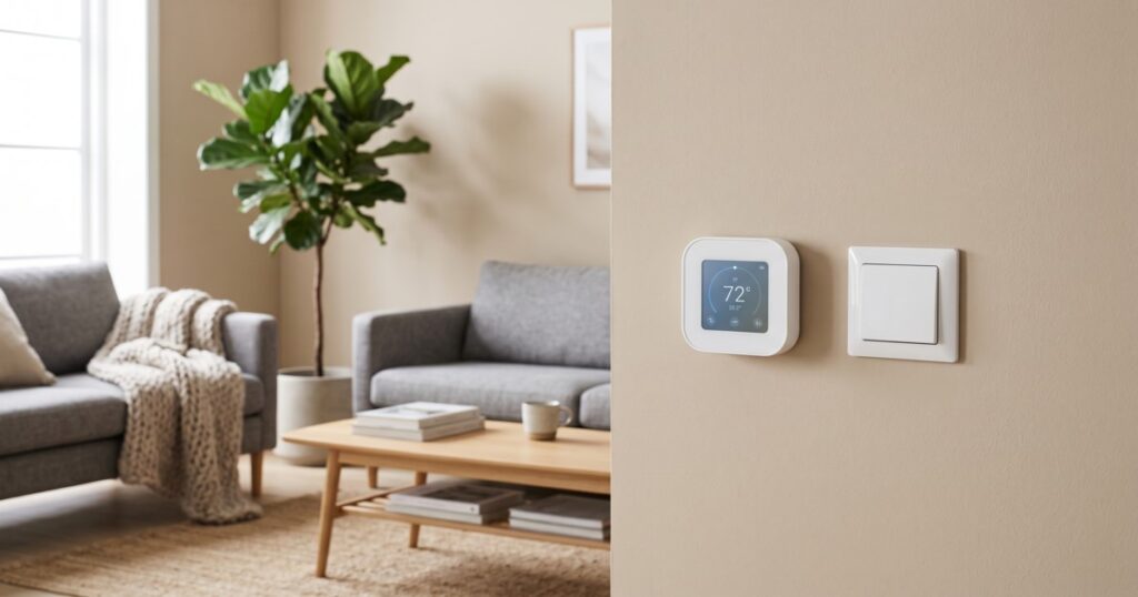 Thermostat connecté fixé au mur du salon sans radiateur