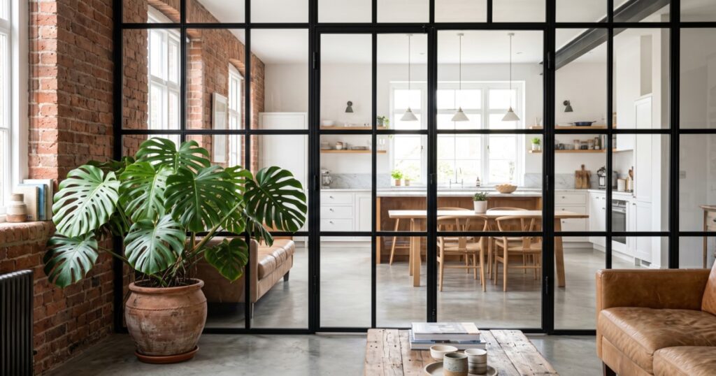 Verrière d'intérieur noire séparant le salon avec plante verte.