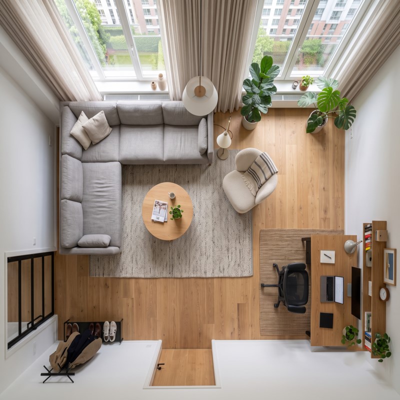 Deux tapis délimitant les espaces dans un salon rectangulaire