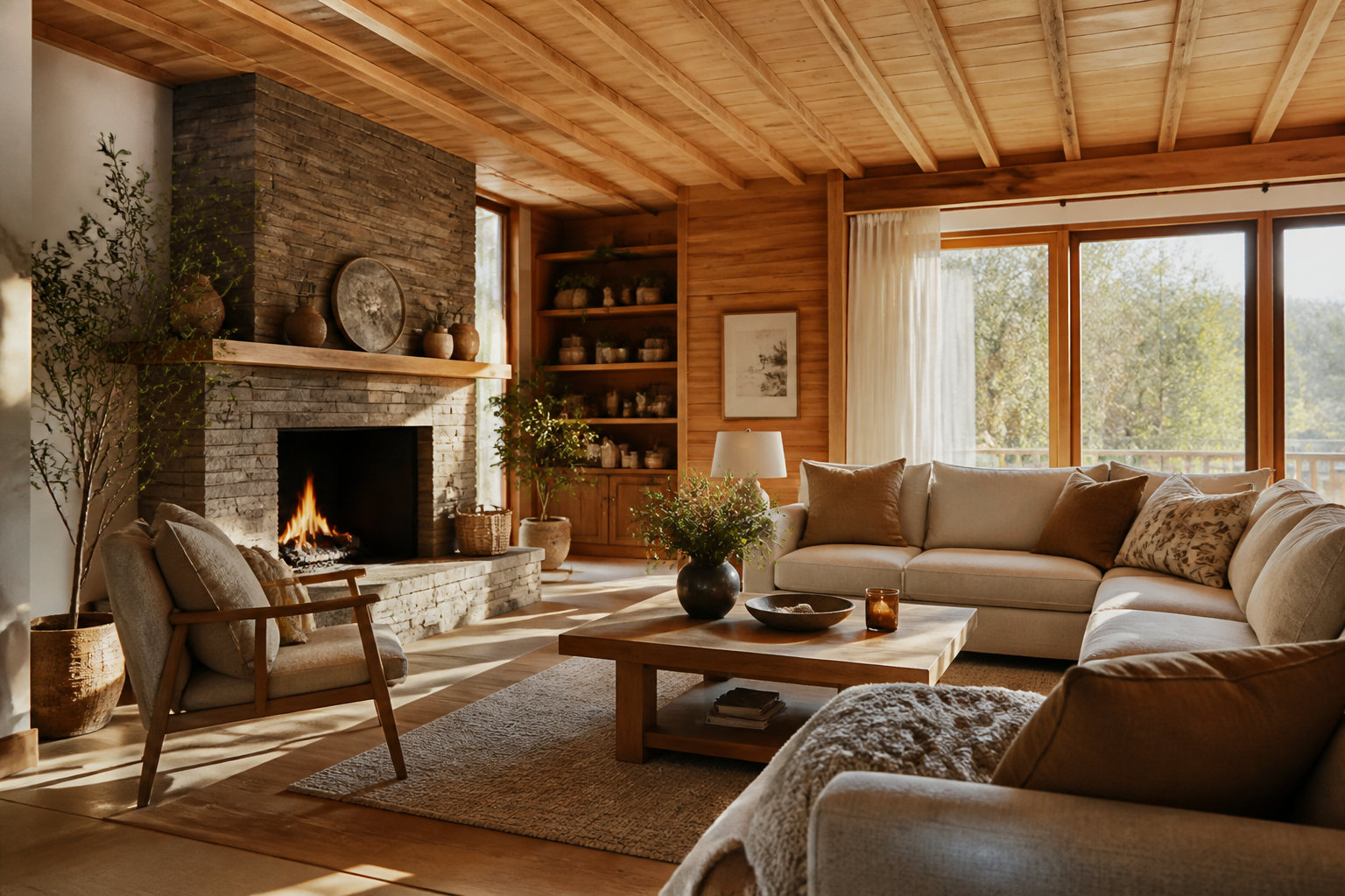 Salon chaleureux avec plafond en lambris bois et cheminée