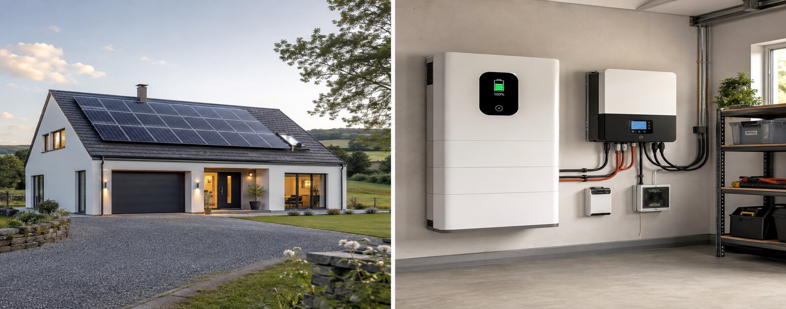 Batterie solaire domestique murale installée à côté d'un onduleur hybride