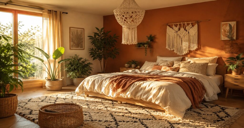 Chambre terracotta de style bohème avec macramé, plantes vertes et rotin