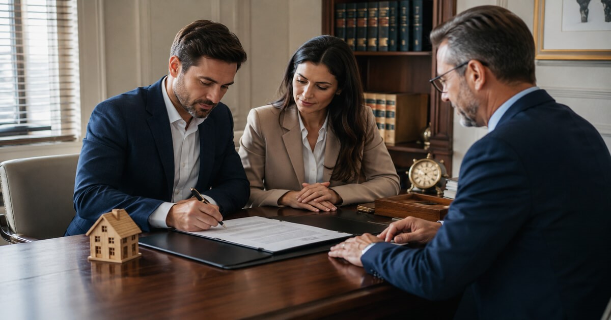 Signature des statuts de création d'une SCI avec maquette de maison sur un bureau