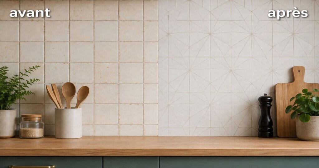 Crédence de cuisine modernisée avec panneaux imitation zellige posés sur l'ancien carrelage