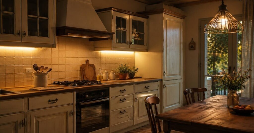 Cuisine ancienne modernisée par un éclairage LED sous meubles hauts et une suspension design