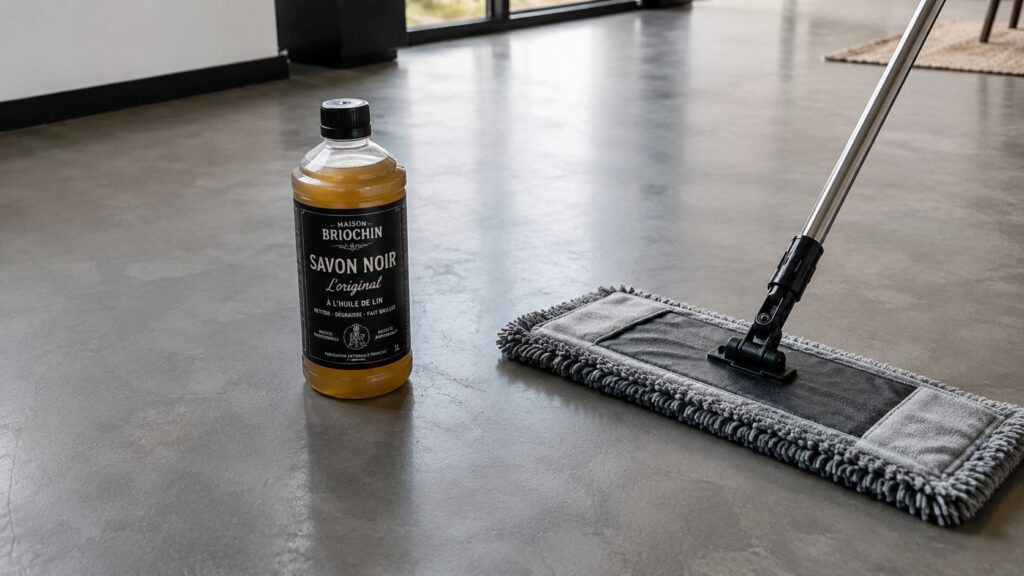 Entretient d'un sol en béton ciré à l'eau chaude et du savon noir