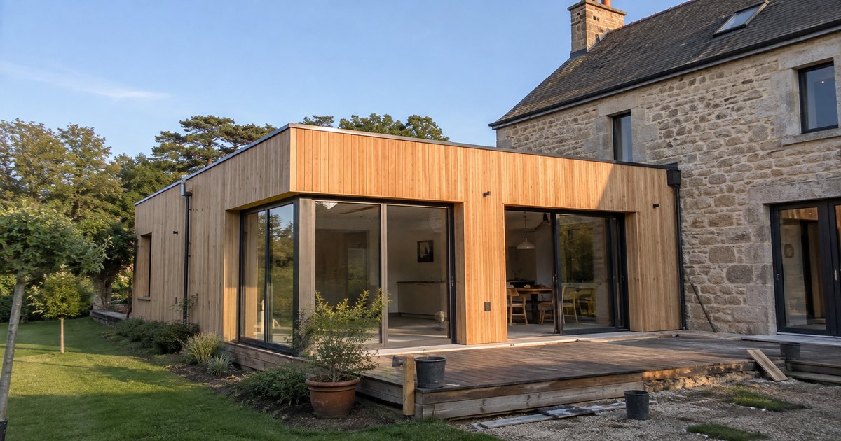 Extension de maison contemporaine en ossature bois accolée à une maison traditionnelle