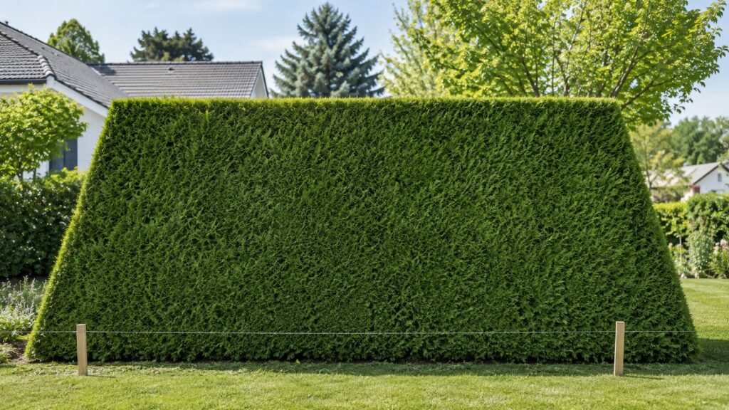 Haie de thuyas taillée en forme trapézoïdale avec fil guide pour une coupe droite et dense